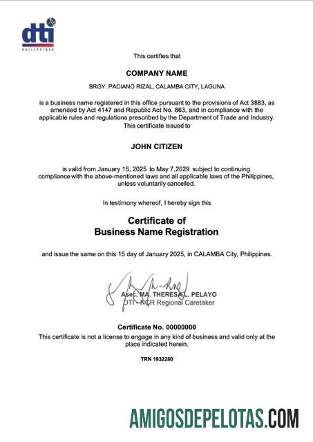Certificado Calamba de registro de nome comercial das Filipinas para download, modelo Word e PDF